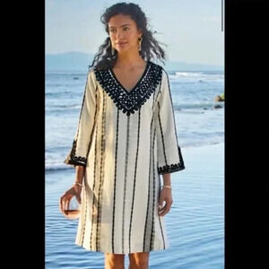 SOFT SURROUNDINGS Coco De Mer Cotton Striped Embroidered Dress Size Petite‎ XS